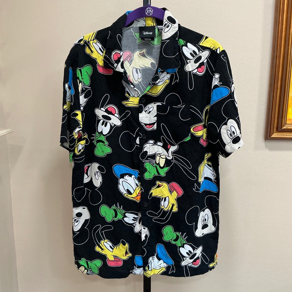 Disney Button Down Shirt Mickey Donald Goofy Small Black Rayon Character Print